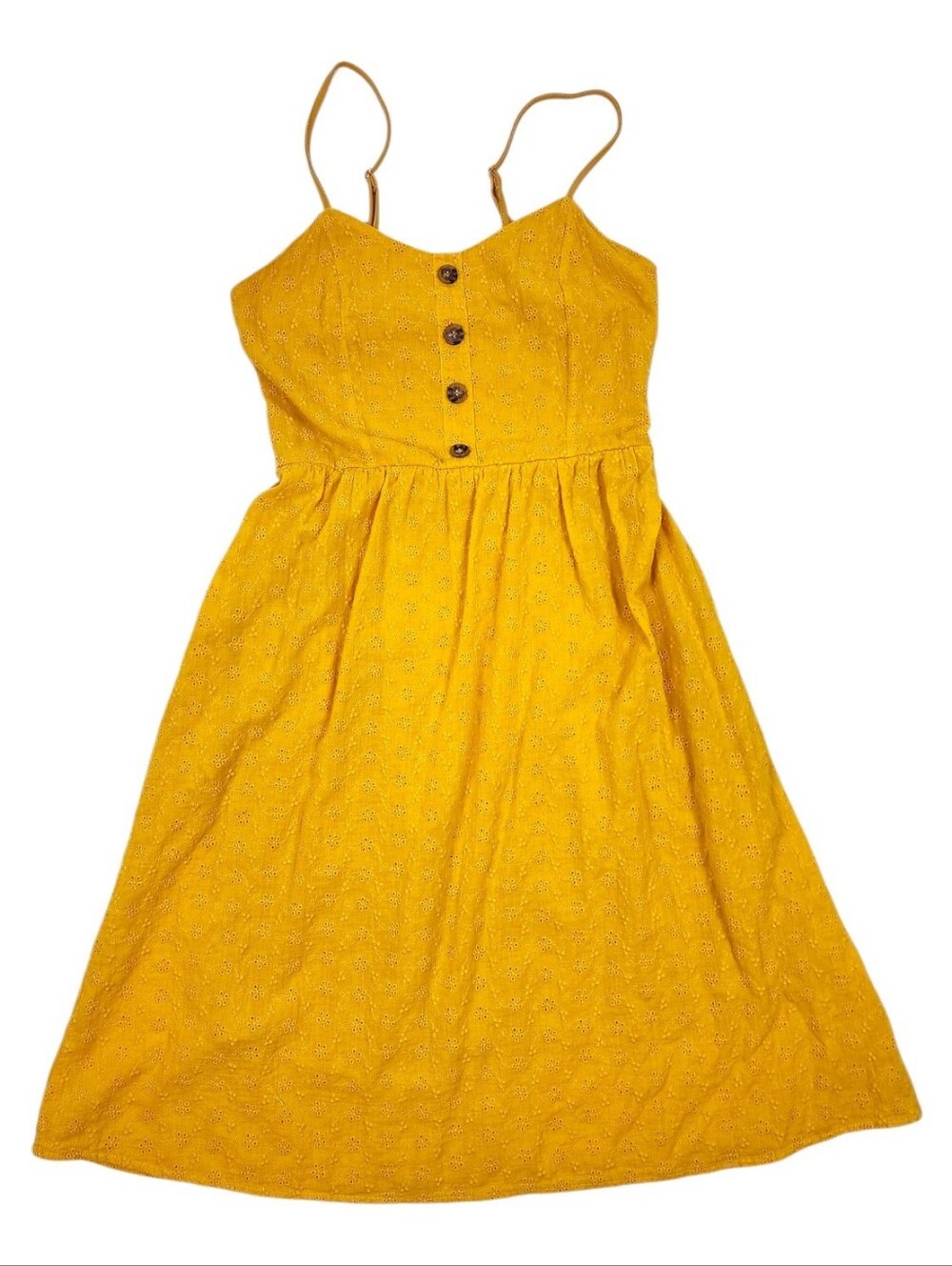 Cotton Women’s Yellow Eyelet Knee Lenght Dress  Smocked Back Size M